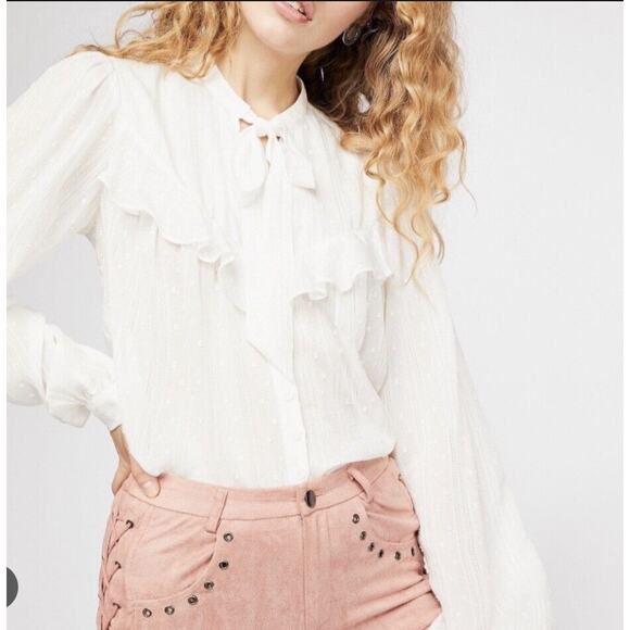 FREE PEOPLE White Ivory Blissful Beginnings Swiss Dot Cottage-core Blouse Top S - Picture 1 of 8